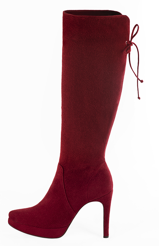 Burgundy red women's knee-high boots, with laces at the back. Tapered toe. Very high slim heel with a platform at the front. Made to measure. Profile view - Florence KOOIJMAN